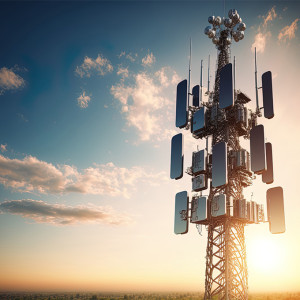 Background image shows a 5G global network technology communication antenna tower for wireless high speed internet. Future proof fastest internet technology is LTE aerial network connection
