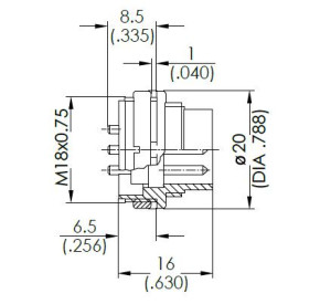 Male Receptacle; Front Mount; 4 Pin; Solder; Silver; IP40