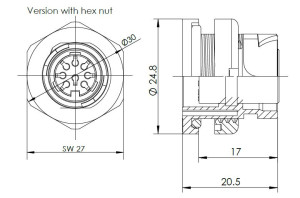 Female Receptacle, Hex Nut; Rear Mount; 5 Pin; Solder; Silver; IP67