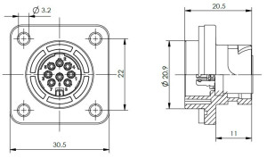 Female Receptacle; Square Flange incl. Sealing; 5s Pin; Solder; Gold; IP67 67