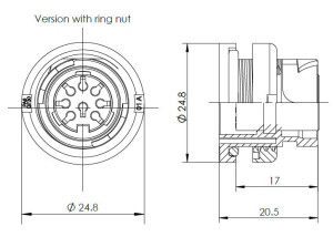 Female Receptacle; Ring Nut; Rear Mount; 8 Pin; Solder; Gold; IP67
