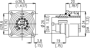 Female Receptacle; Size 1; Flange; 3+PE; Crimp; IP65