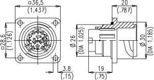 Male Receptacle; Size 1; Flange; 3+PE+11; Crimp; IP65