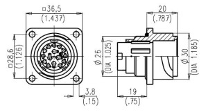 Male Receptacle; Size 1; Flange; 3+PE+12; Crimp; IP65