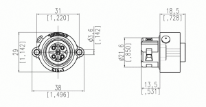 Female Receptacle; Flange; 6+PE; Solder; Gold; IP67