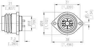 Male Receptacle; Flange, Turned Contacts; 3+PE; Solder; Silver; IP67