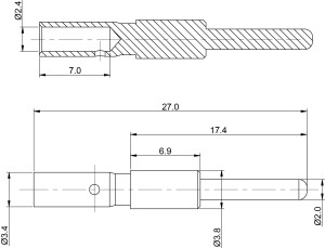Stiftkontakt; 2mm; 0,75-1,5mm²; vergoldet; 500 im Beutel